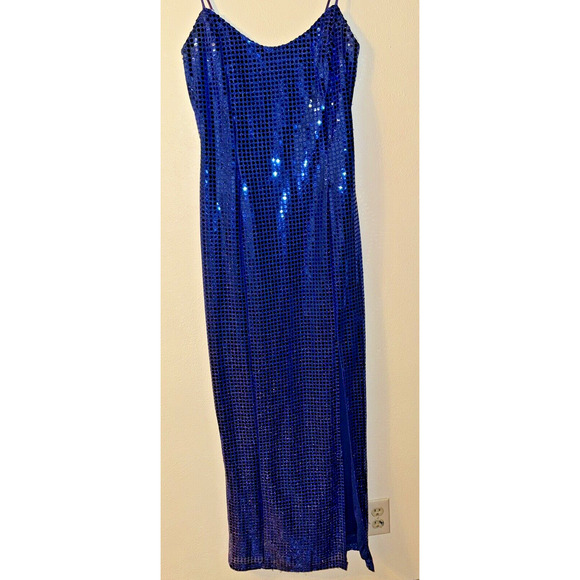 1990's LA Glow Blue Metallic Blingy Sequined Zipper Dress Gown Juniors 9/10 Prom - Picture 9 of 13